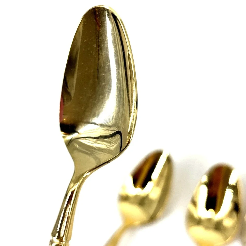 Vintage Brass Spoons Bamboo Style Handles‎ 6 Table Spoons Gold Tone *NEVER USED*